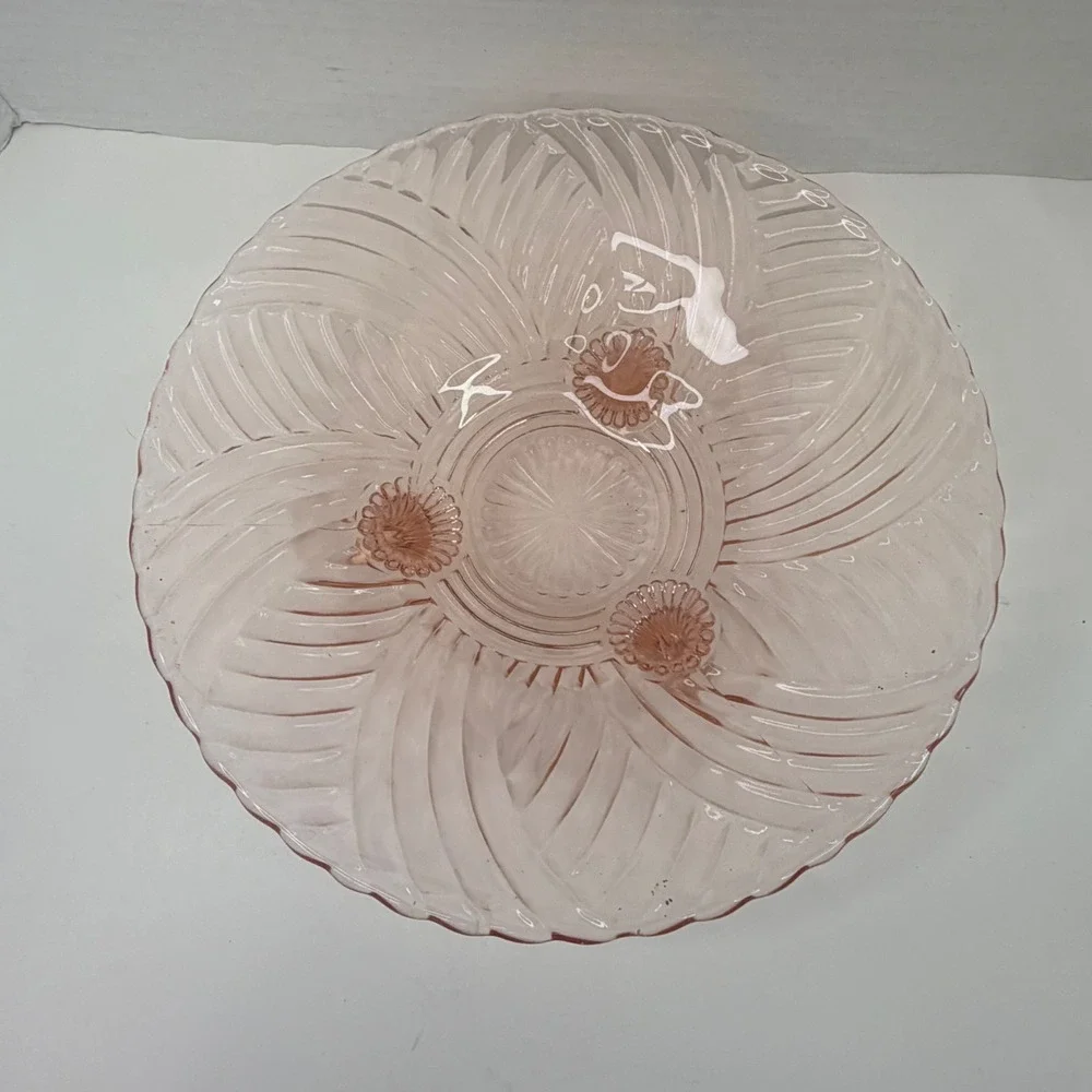 Vintage Pink Depression Glass Swirl Footed Bowl 10.5 Inch Scalloped Centerpiece